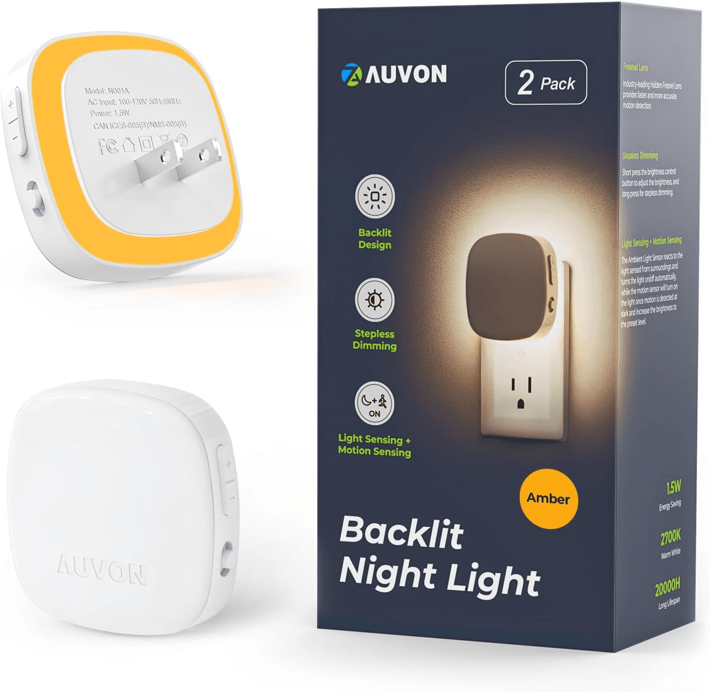 AUVON Plug-in LED Backlit Night Light with Motion & Dusk-to-Dawn Sensor (2-Pack)