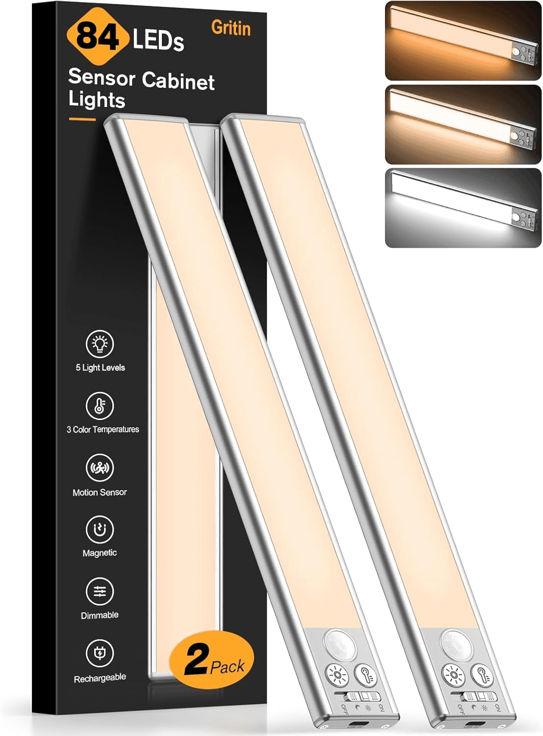Gritin 10.2inch Under Cabinet Lighting, 2-Pack, Rechargeable, Motion Sensor, 3 Color Temps, 5 Brightness Levels