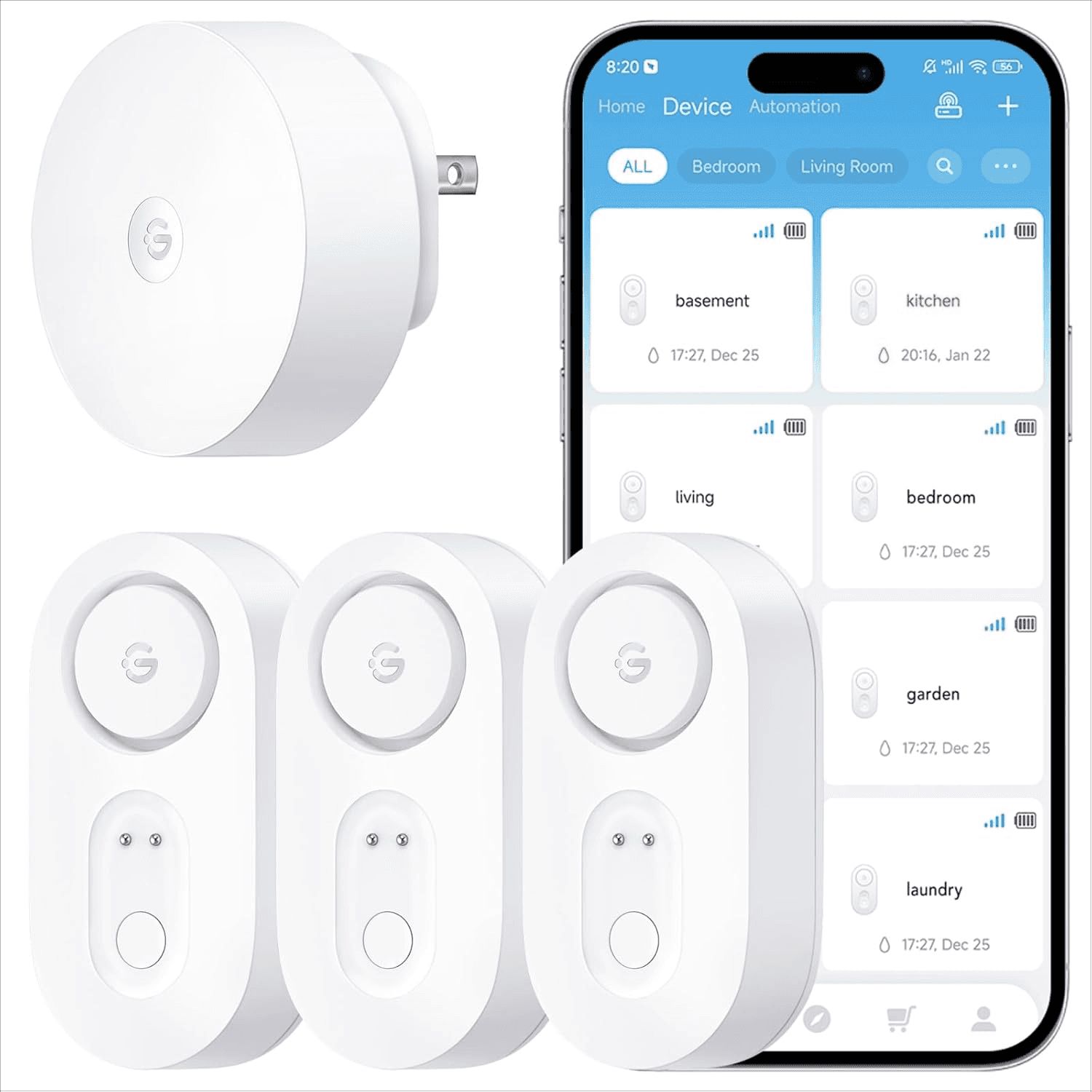GoveeLife Upgraded Smart Water Leak Detector, Gateway + 3 Sensors, Wi-Fi Water Sensor with App & Sound Alarm